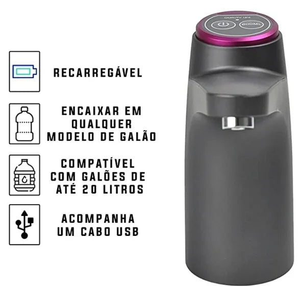 Bomba Elétrica Garrafão Galão Água 20 Litros Dispensador Recarregável USB Premium (2 botão)