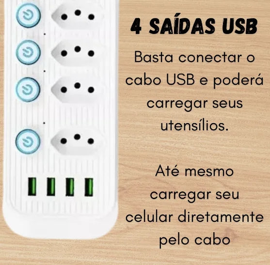 Extensão Elétrica 4 Tomadas 4 USB cabo 2m