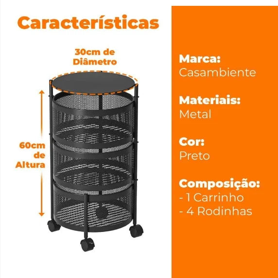 Carrinho organizador redondo multifuncional para frutas com cabeças de aço e 3 cestas