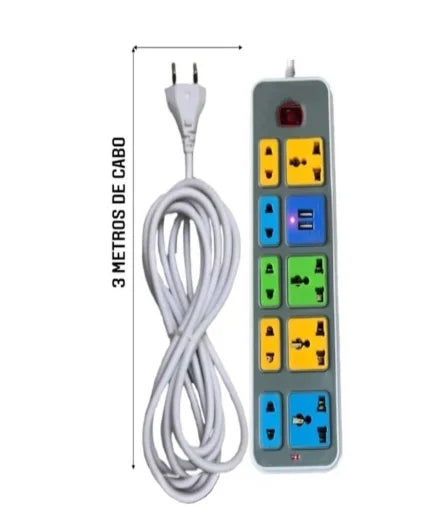 Extensão Elétrica profissional Tomada 9 Entradas 2 Usb Régua Universal Com Cabo de 3 Metros Extensão Régua Bivolt C/ 2 Usb