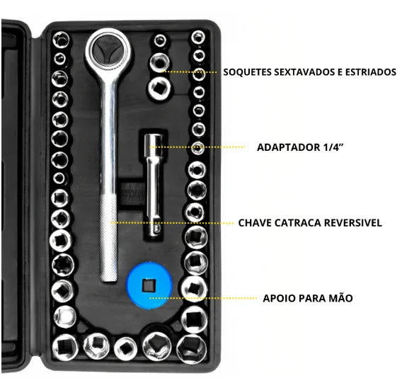 Kit Chaves Jogo Catraca Reversível canhão 1/4 Soquetes 40 Peças Maleta